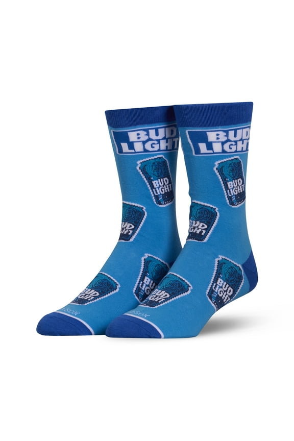 – Bud Light Cans Crew Socks – Size Medium for Men & Women – Stacked Blue Can Graphic –