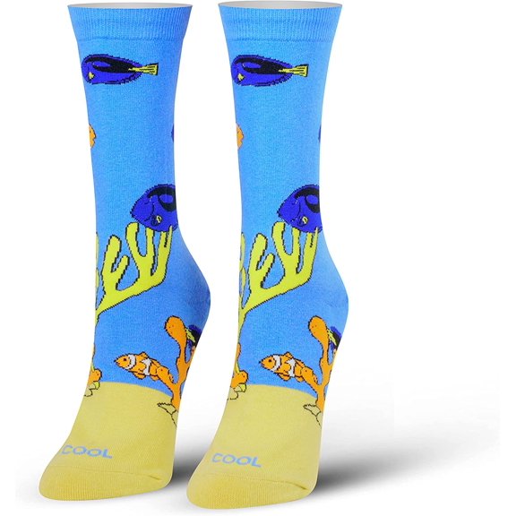 Cool Socks Tropical Fish Crew Socks | Coral Reef Blue Tang & Clownfish Novelty Socks | Cute Ocean