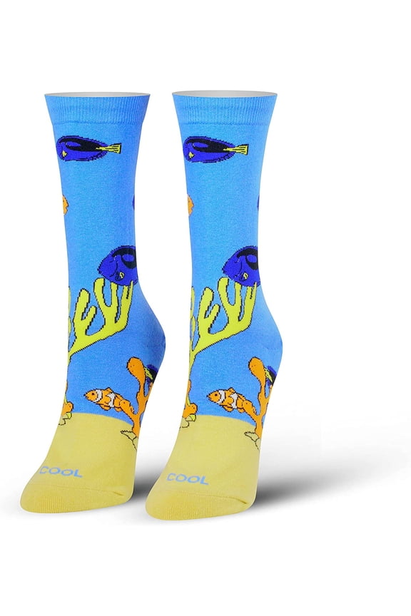 Cool Socks Tropical Fish Crew Socks | Coral Reef Blue Tang & Clownfish Novelty Socks | Cute Ocean