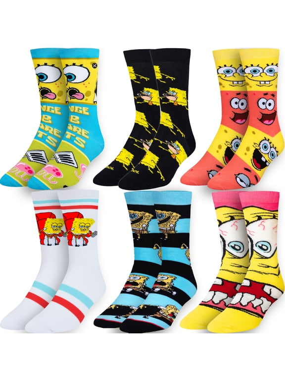 SpongeBob 6 Pack Nickelodeon Cartoon Retro Crew Socks, Size Large
