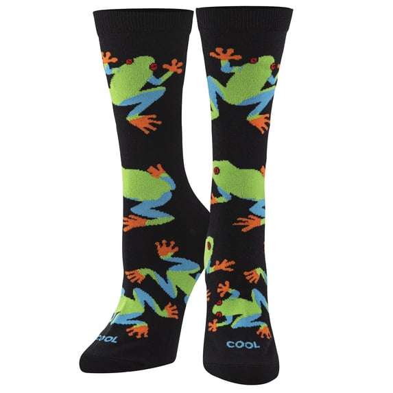 Cool Socks – Tree Frogs Crew Socks – Colorful Graphic Cotton Blend – Medium Size Fun Fashion Socks –