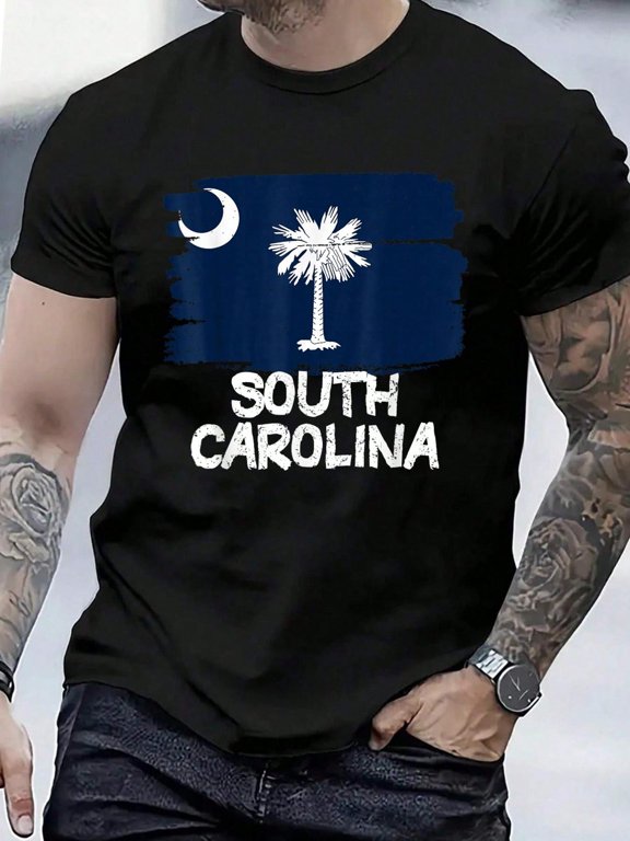 Cool South Carolina Flag Men's Cotton Crew Neck Graphic Tee Casual Short Sleeve Solid T-Shirt