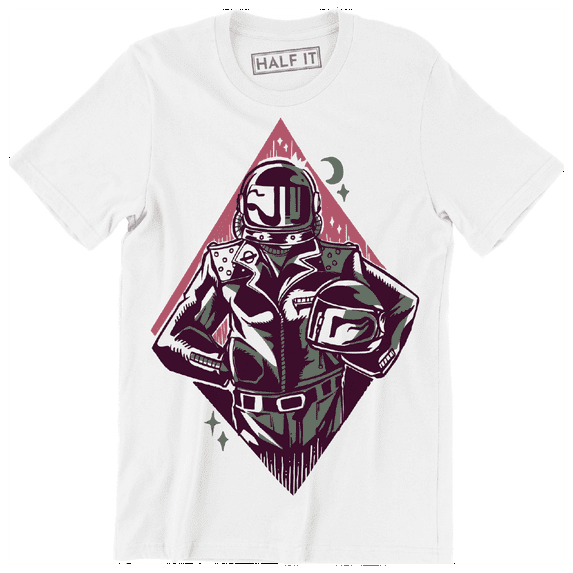 Cool Space Astronaut Wearing A Biker Outfit And Holding A Helmet Men T-Shirt