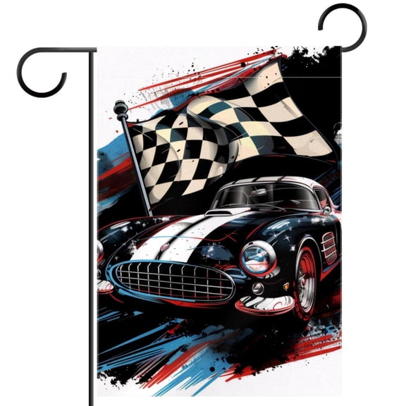 Cool Speeding Racing Car with Checkered Flag Decorative Garden Flag for All Seasons, 12 x 18 Inch Small Vertical Double Sided Outside Decoration for Yard Farmhouse