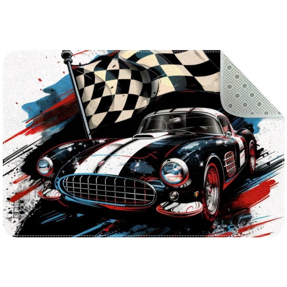 Cool Speeding Racing Car with Checkered Flag Small Area Rug, Non-Slip Door Mat Indoor Floor Mat, Washable Kitchen Rug Entrance DMat for Bedroom Living Room