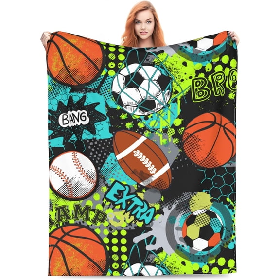 Cool Sport Game Blanket Football Soccer Basketball Baseball Volleyball Tennis Sports Theme Throw Blankets Gifts for Adults for Bed Room Couch Decor Soft Lightweight Warm Cozy 40x50in
