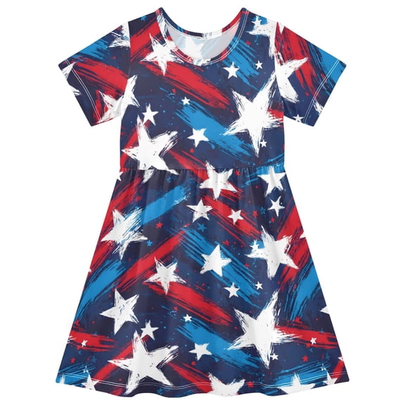 Cool Star Pattern Girls Short Sleeve Dress A Line Sun Protection Breathable Comfort Sundress 3T