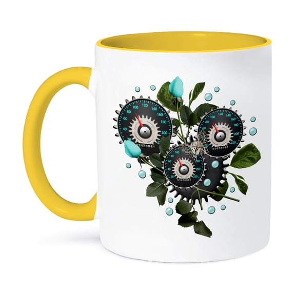 3dRose, Cool Steampunk Barometer and Aqua Roses, 11oz Two-Tone Yellow Mug