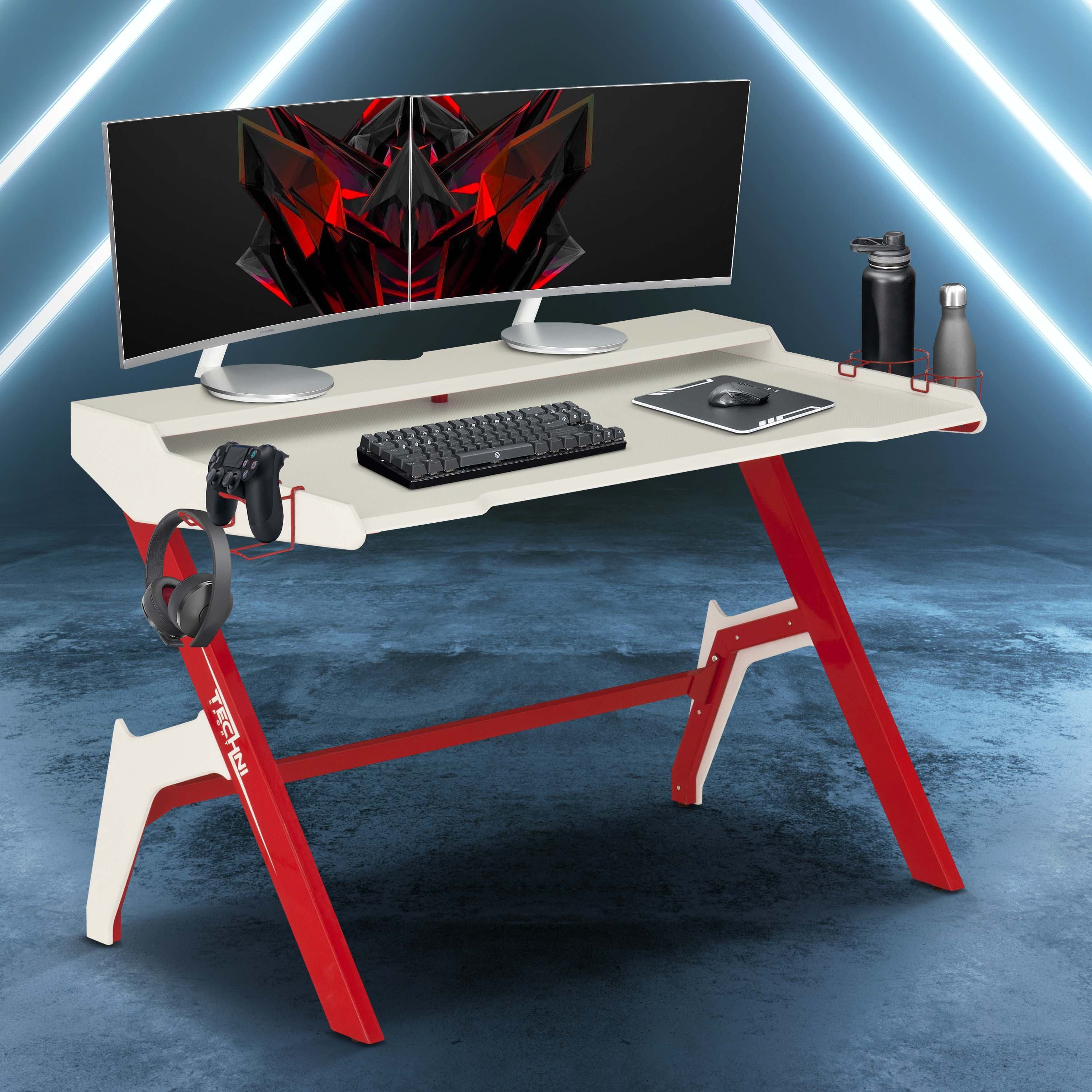 Cool Style Esports Computer Gaming Desk, Carbon Fiber/ Wood Tabletop  Workstation, Ergonomic PC Desk with Cupholder & Headphone Hook 