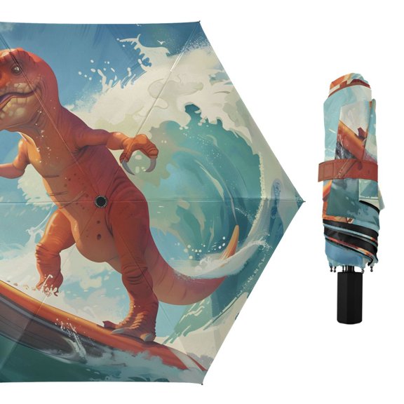 Cool Surfing Dinosaur Compact Sun Umbrella Windproof Travel Umbrellas for Rain Strong Portable UV Protection