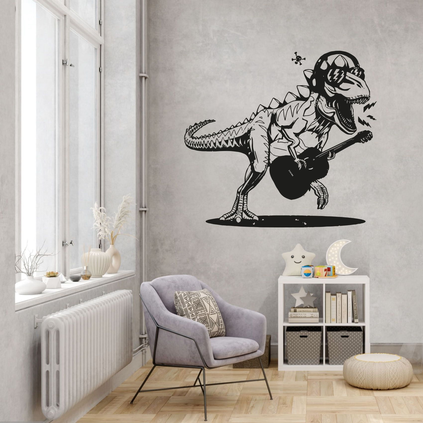 Cool T rex Dinosaur Tyrannosaurus Rex Rock Star T rex Cute Silhouette Vinyl Design Wall Sticker Art Decal Boys Girls Kids Room Bedroom Nursery KinderHome Decor Stickers Decoration Size (28x30 inch)