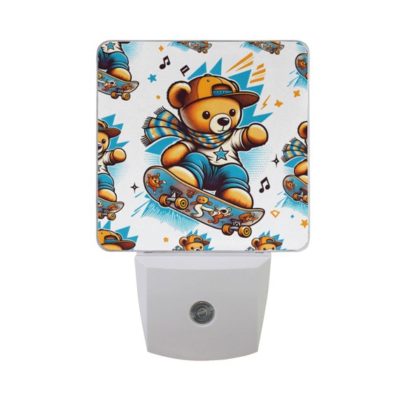 Cool Teddy Bear with Skateboard Night Light 2 Pack LED Nightlight Plug into Wall Dusk to Dawn Sensor Soft White