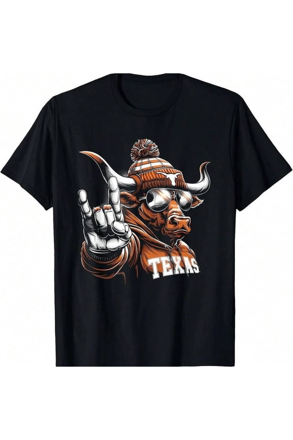 Cool Texas Longhorn T-Shirt For Men – 100% Cotton Funny Bull Rock Hand Graphic Tee With Sunglasses & Beanie