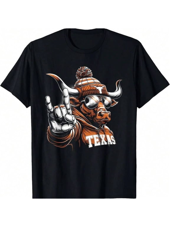 Cool Texas Longhorn T-Shirt For Men – 100% Cotton Funny Bull Rock Hand Graphic Tee With Sunglasses & Beanie