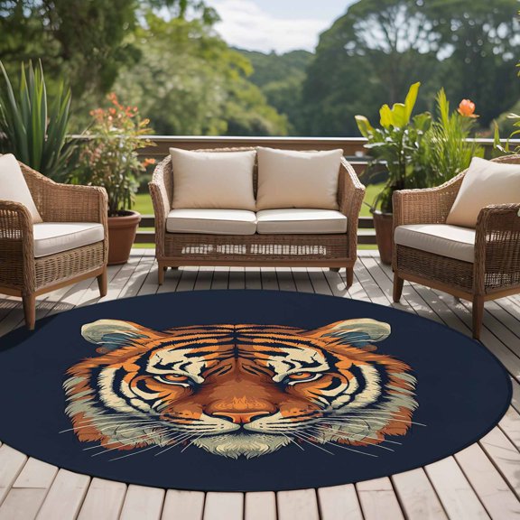 Cool Tiger 8ft Round Rug for Open Concept Living Room Seating Zone, Eyes and Ears Wild Life Washable Non Slip Large Circle Area Rug