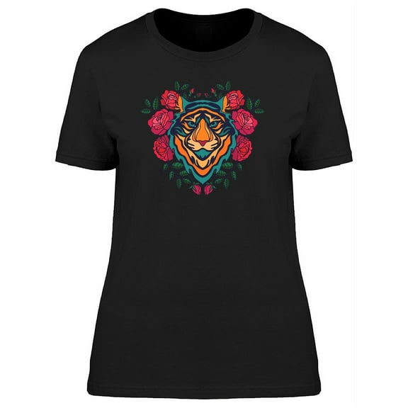 Cool Tiger Head And Flowers T-Shirt Women -Image by Shutterstock, Female Medium