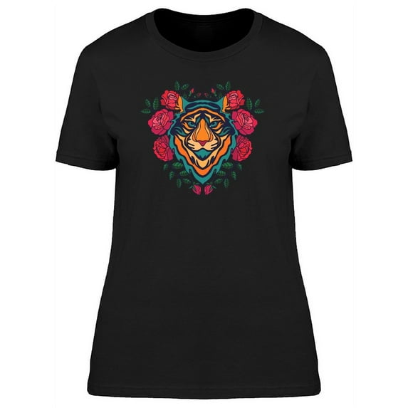 Cool Tiger Head And Flowers T-Shirt Women -Image by Shutterstock, Female x-Large