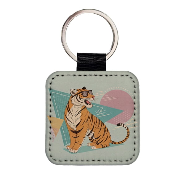 Cool Tiger Wearing Sunglasses Faux Leather Square Keychain