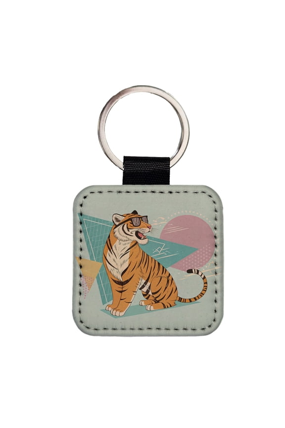 Cool Tiger Wearing Sunglasses Faux Leather Square Keychain