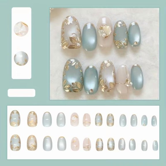 Cool Tone Green Grape Cat Eye Press On Nails 3D Gilded Flowers 24Pcs