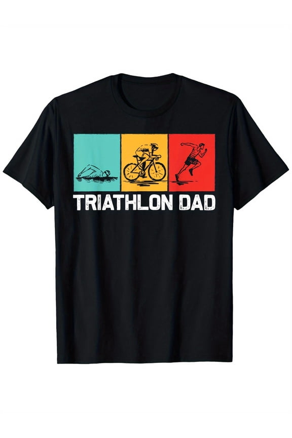 Cool Triathlon For Dad Father Swimming Running Swim Bike Run T-Shirt, Single-sided printing Black short T-shirt S-XXXL Single piece 100% cotton 200g Send gifts to friends family