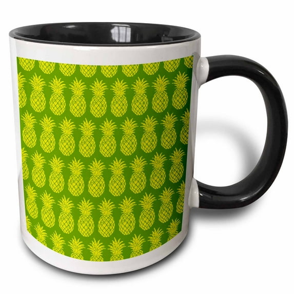 3drose, Cool Tropical Pineapple Pattern in Green and Yellow, 11oz Two-tone Black Mug