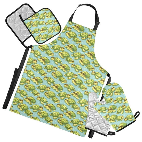 Cool Turtles with Sunglasses 5 Pcs Kitchen Set Heat Resistant Oven Mitts and Non-Slip Pot Holders with Adjustable Cooking Apron