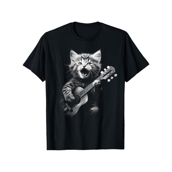Cool Unisex "Musical Kitten" Cat & Guitar Graphic Tees Vivid Print Short - Sleeve Casual Daily Comfort Tops Shirts