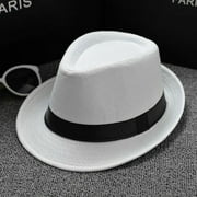 Cool Unisex Vintage Blower Jazz Hat Women/Men Casual Trendy Beach Sunhats Straw Panama Cap Cowboy Fedora Gangster Cap with Black Ribbon