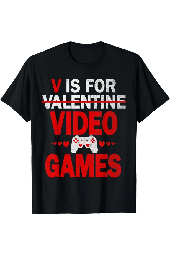 Cool V Is For Video Games Funny Valentines Day Gamer Boy Men Unisex T-Shirt, up to size 5XL
