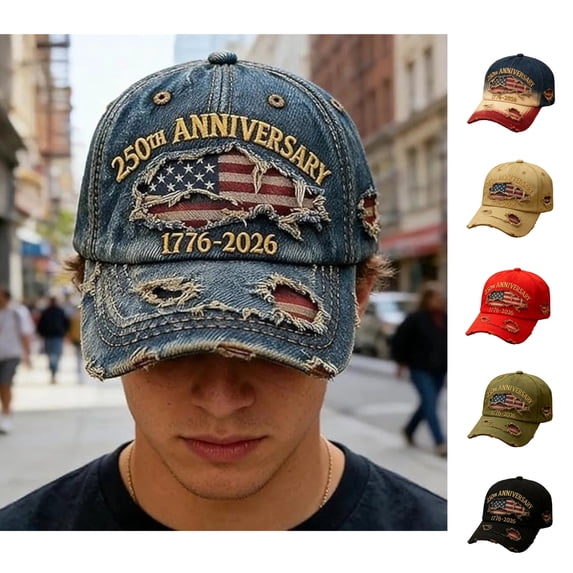 Cool Washed Distressed 250 USA Denim Hat - America 250th Anniversary 1776-2026 Retro Cap