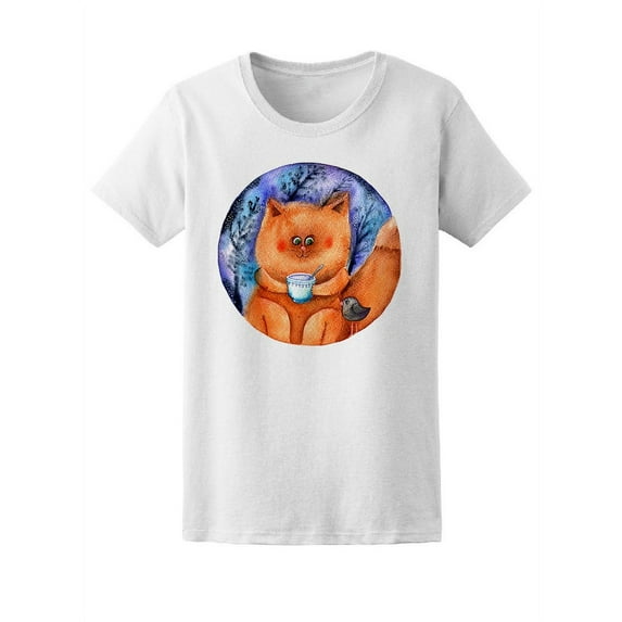 Cool Watercolor Forest & Red Cat T-Shirt Women -Image by Shutterstock, Female Medium