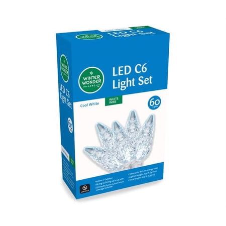 Cool White LED C6 Light Set with White Wire, 60-Lights