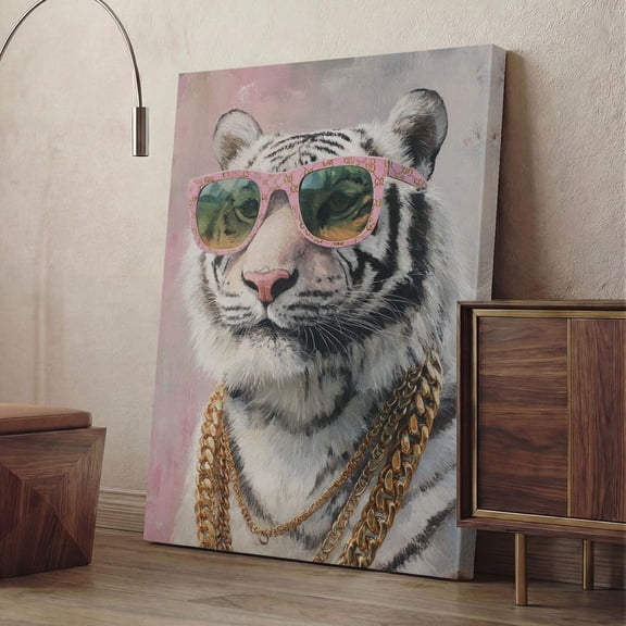 Cool White Tiger With Sunglasses Animal Art Eclectic Maximalist Room Decor, Stretched Canvas 16x20in