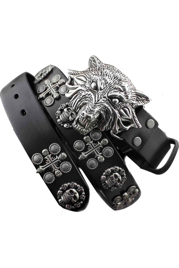 Cool! Wolf Head Metal Buckle Punk Biker Rocker Skull Mens Rivet Leather Belt
