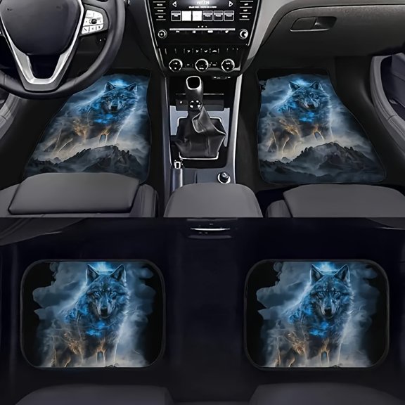 Cool Wolf Pattern Car Mats, Front And Rear Seat Carpets, Interior Additions