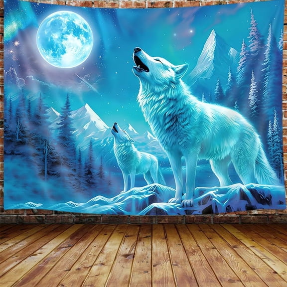Cool Wolf Tapestry for Men, Fantasy Animals Psychedelic Moon Tapestry Wall Hanging for Boys Bedroom, Trippy Mountian Forest College Dorm Home Decor(40X30), Blue