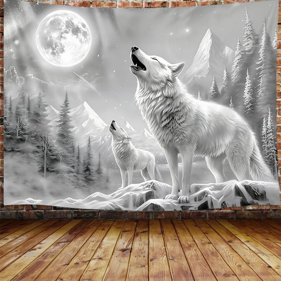 Cool Wolf Tapestry for Men, Fantasy Animals Psychedelic Moon Tapestry Wall Hanging for Boys Bedroom, Trippy Mountian Forest College Dorm Home Decor(40X30), Grey