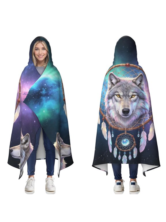 Cool Wolf Wearable Blanket Hoodies for Women Men Adults Wolf Lovers Soft Cozy Starry Sky Wolves Hooded Blankets for Couch Home Decor Birthday Gifts 50×60 Inch