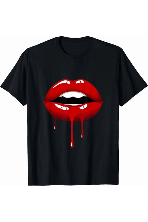 Cool Women Fashionable Red Lips Short Sleeve Graphic Design T-Shirt