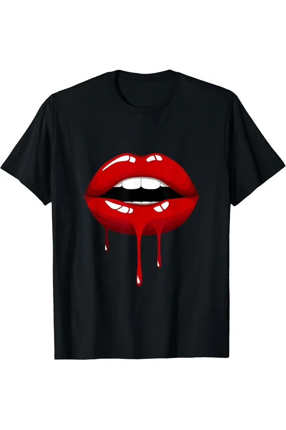 Cool Women Fashionable Red Lips Short Sleeve Graphic Design T-Shirt