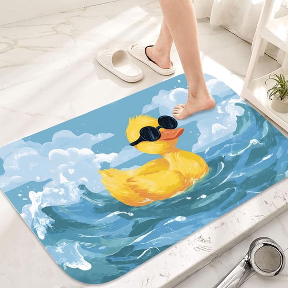 Cool Yellow Duck in Waves Flannel Bath Mat 16x24 Inches, Soft Absorbent Non-Slip Bathroom Rug, Machine Washable Floor Mat for Shower