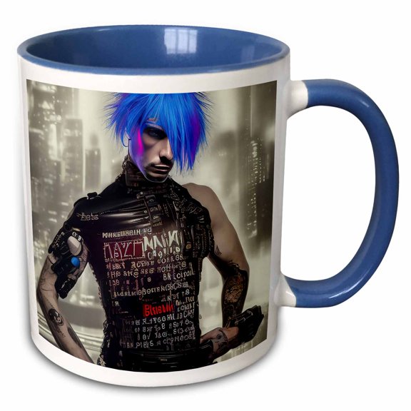 3drose, Cool Young Man Cyberpunk Cyborg. Blue Hair, Tattoo. Urban Background, 15oz Two-tone Blue Mug