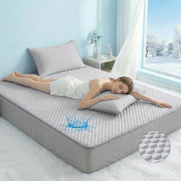 Cool, breathable, waterproof mattress protector, summer cooling mattress cover, deep pocket design, silent and washable mattress cover, 1 fitted sheet + 1 pillowcase Blue Twin size