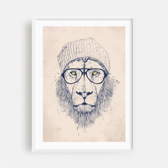 Cool lion - Drawing Animal Line Art Illustration Sketch Modern Art Fashion White Framed Wall Art Print 16 x 24 inches