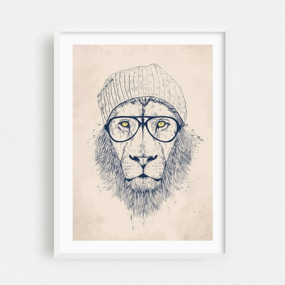 Cool lion - Drawing Animal Line Art Illustration Sketch Modern Art Fashion White Framed Wall Art Print 6 x 8 inches