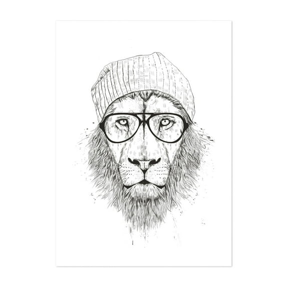 Cool lion (bw) - Drawing Animal Line Art Black and White Portrait Wildlife Illustration Humor Unframed Wall Art Print 12 x 18 inches