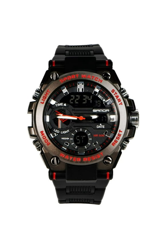 Cool multi-functional watch, sports watch dual display analog digital LED electronic watch, gift watch (black strap and dial red font red second hand)