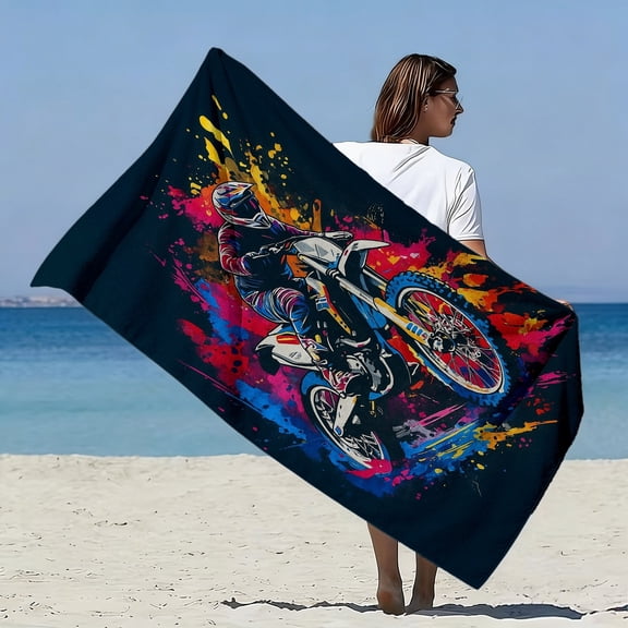 Cool off-road motorcyclist style oversized soft beach towel, dynamic splash color printing pattern, microfiber bath towel, fast drying, super water absorption, suitable for seaside vacation,