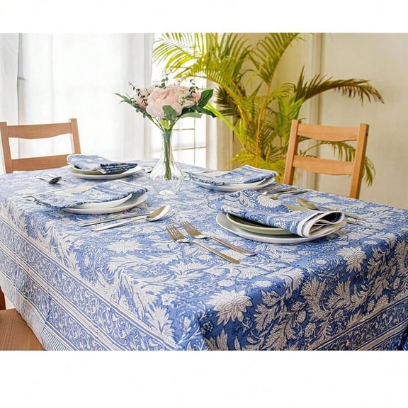 CoolBlue Block Print Tablecloth 54x108 Inch Rectangle 100% Cotton Handmade Pre-Shrunk Farmhouse Style